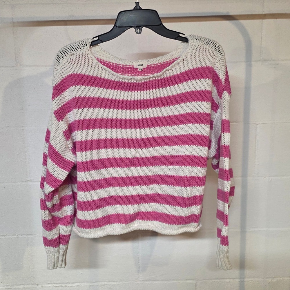 Aerie Women M Off the Shoulder Pink White Striped Knit Pullover Sweater